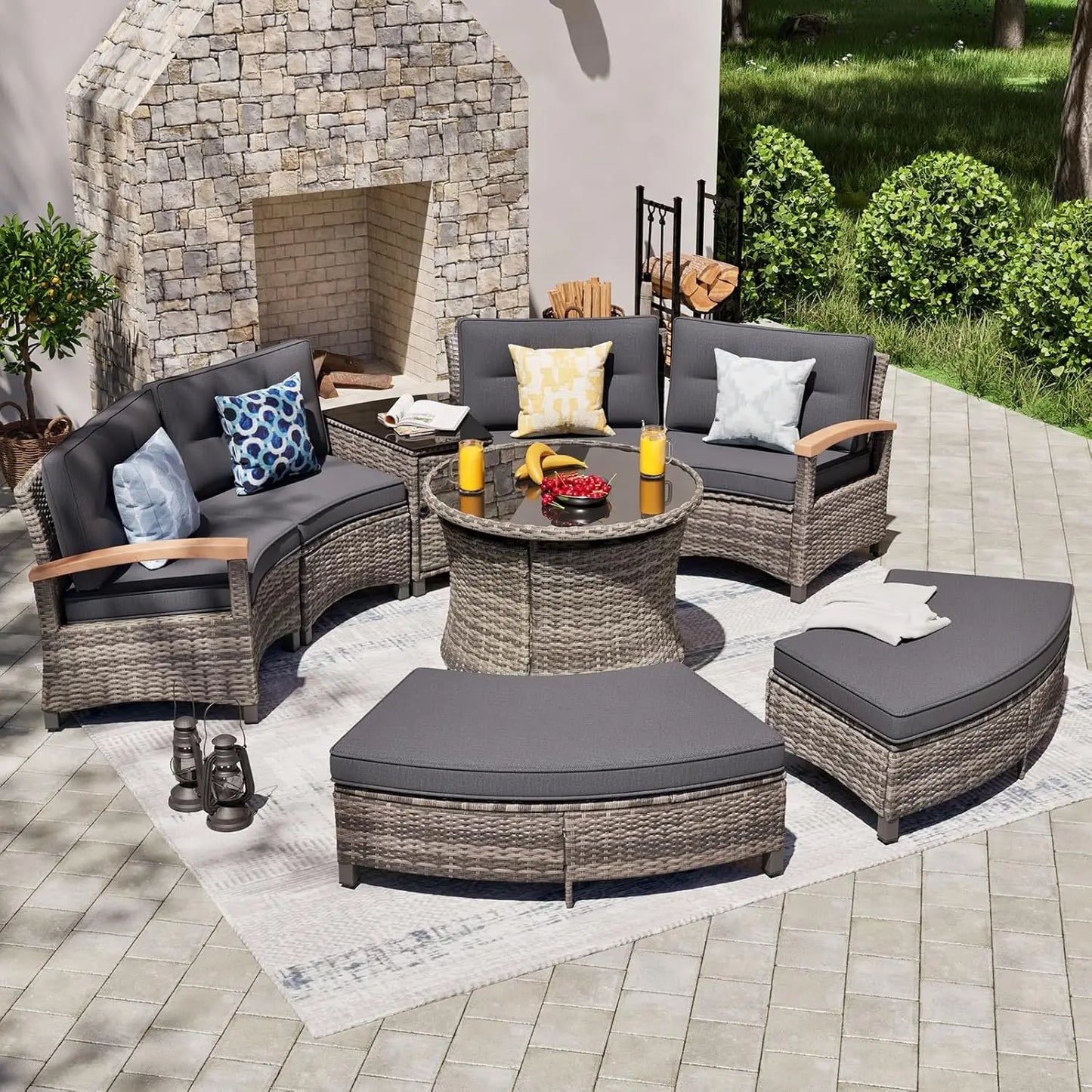 9 PCS Half Moon Rattan Conversation Set