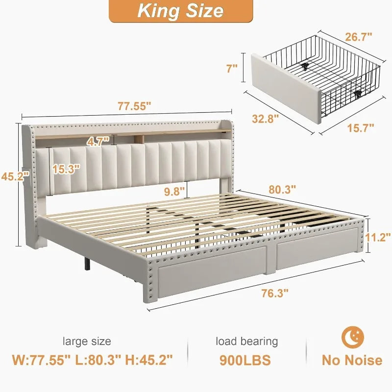 King size bed frame with dimensions and features