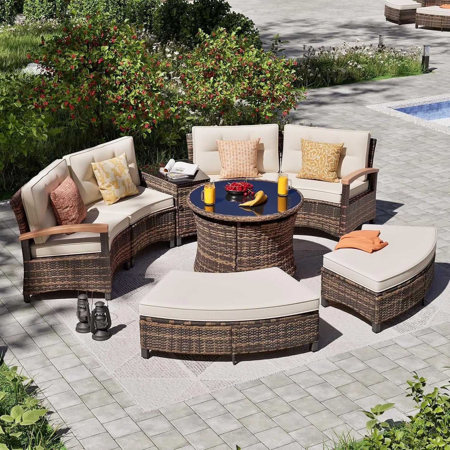 9 PCS Half Moon Rattan Conversation Set