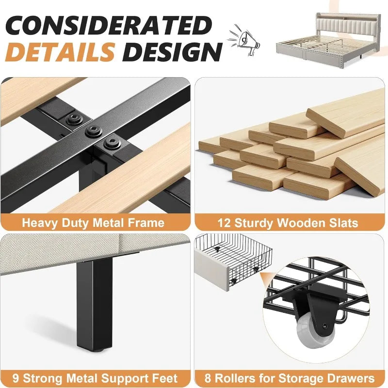 Upholstered King Bed Frame with Storage Drawers