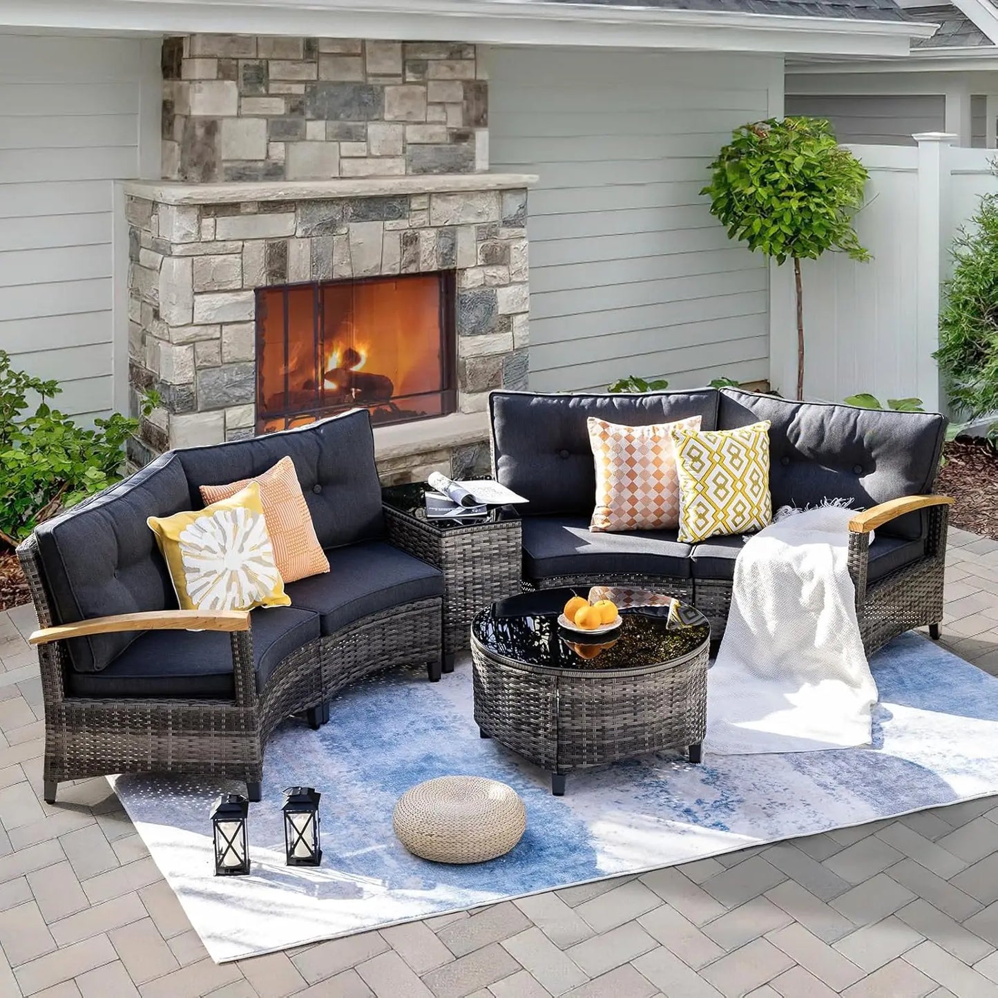 9 PCS Half Moon Rattan Conversation Set