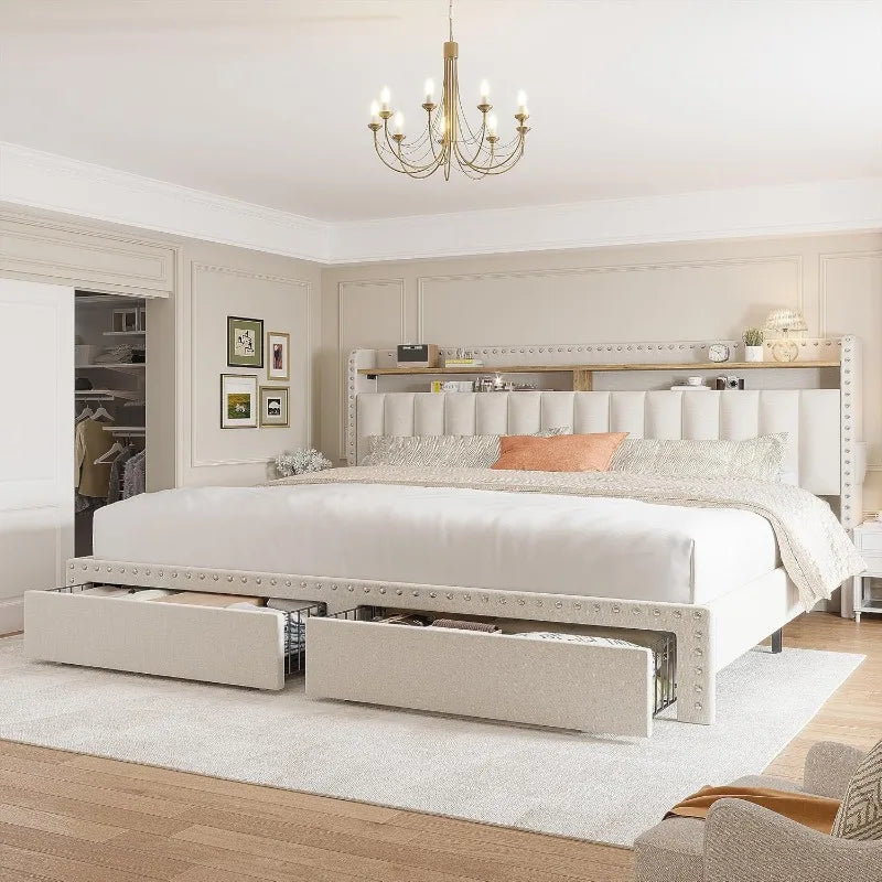 Upholstered King Bed Frame with Storage Drawers