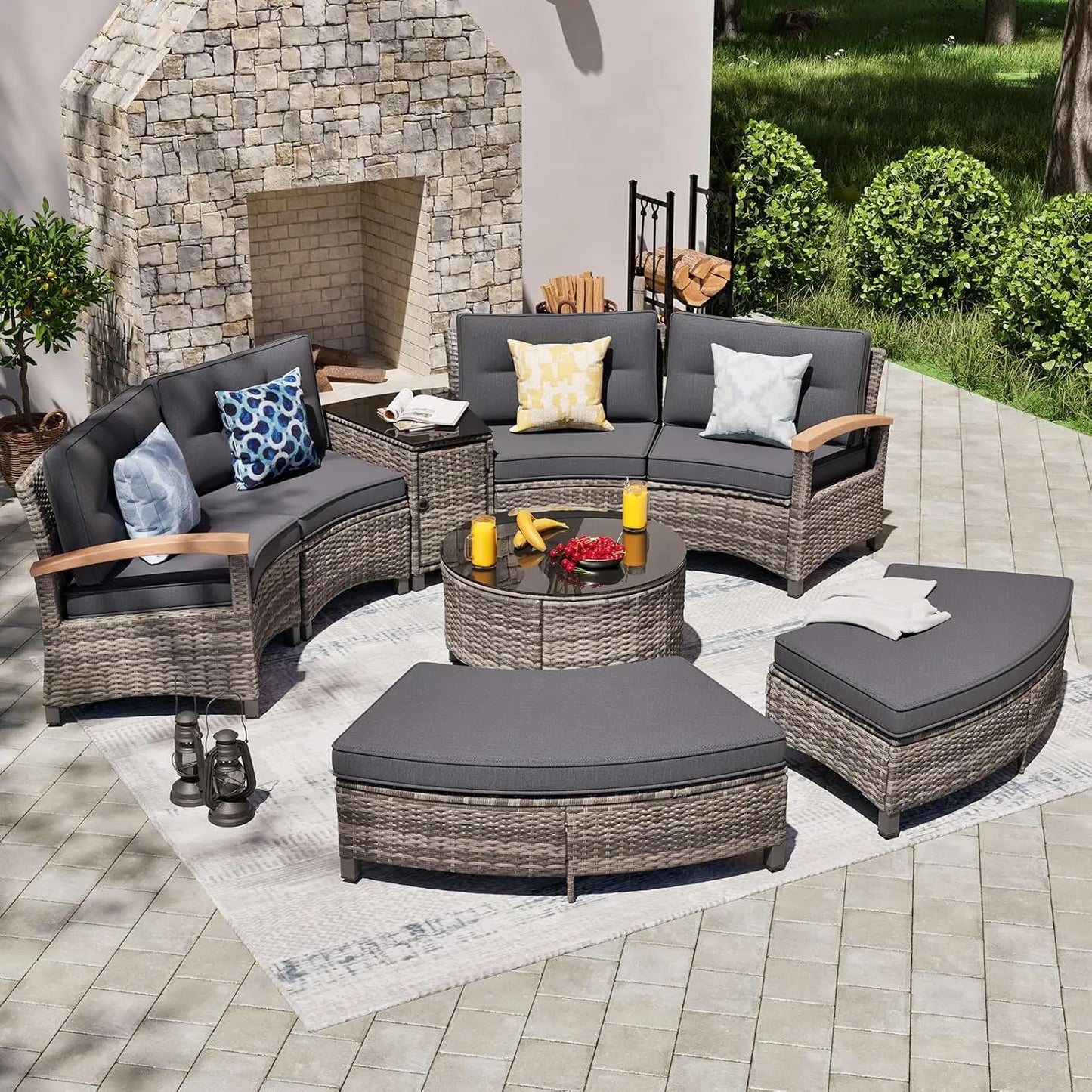 9 PCS Half Moon Rattan Conversation Set