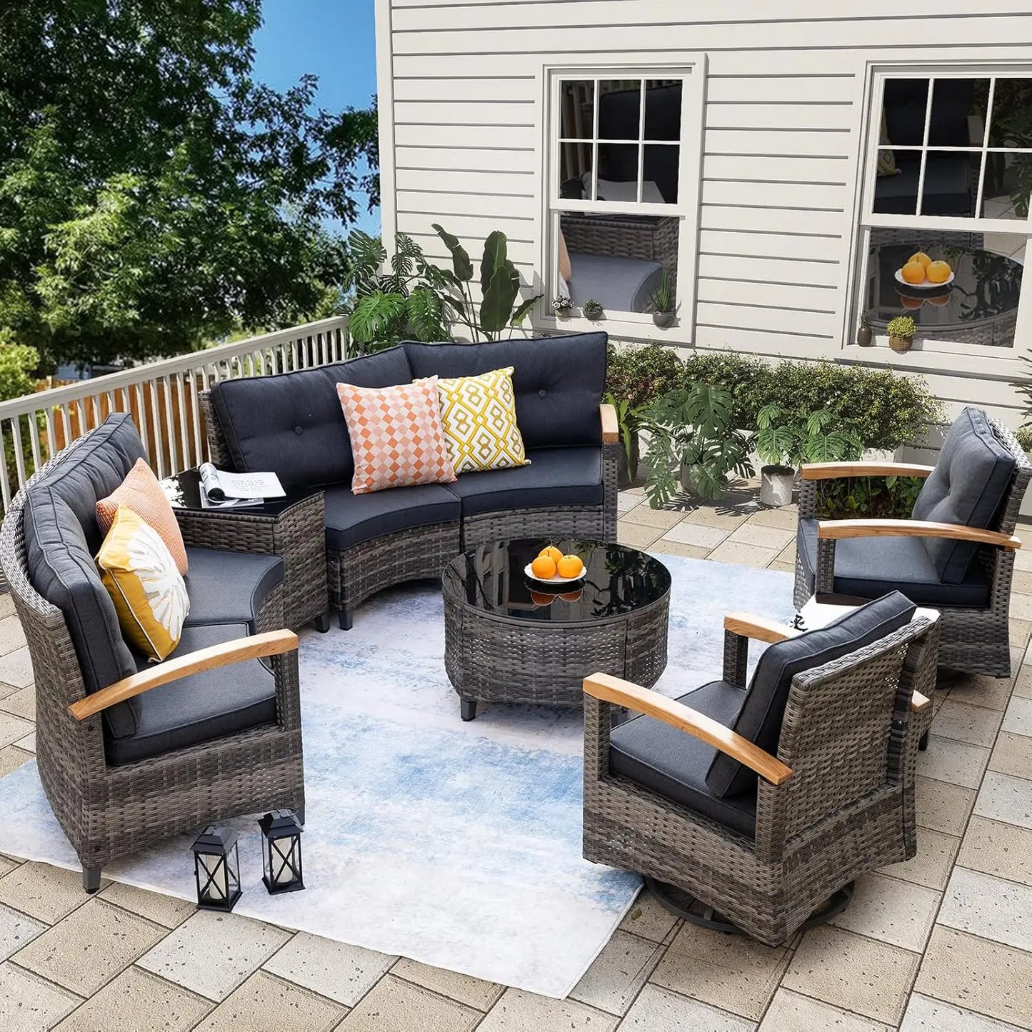 9 PCS Half Moon Rattan Conversation Set