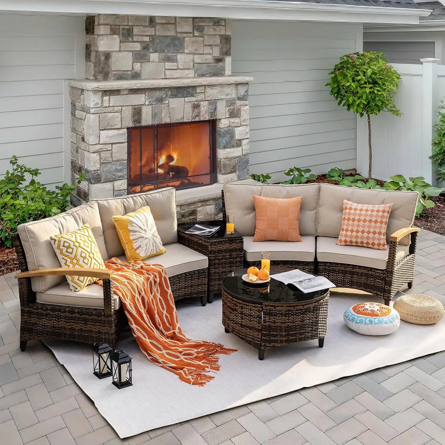 9 PCS Half Moon Rattan Conversation Set