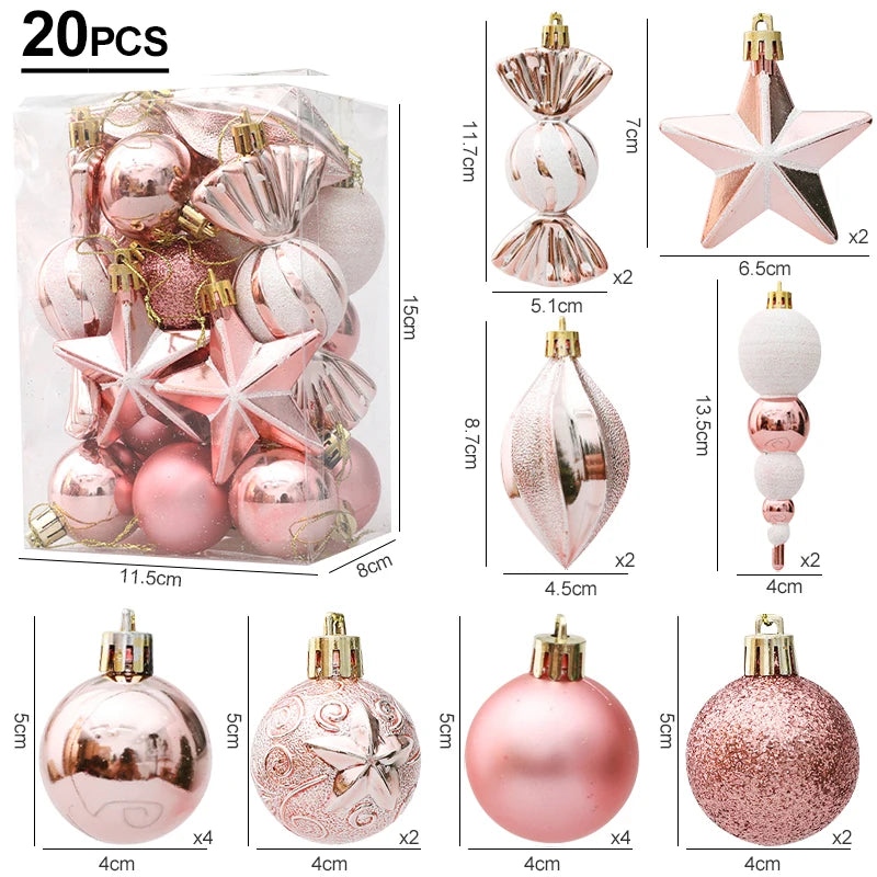 Packaging of 20 Christmas ornaments including balls and stars with dimensions displayed.