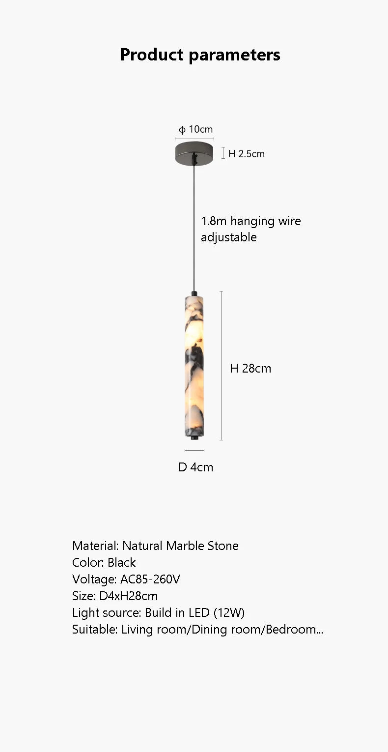 Product parameters of a pendant light with dimensions and material details.