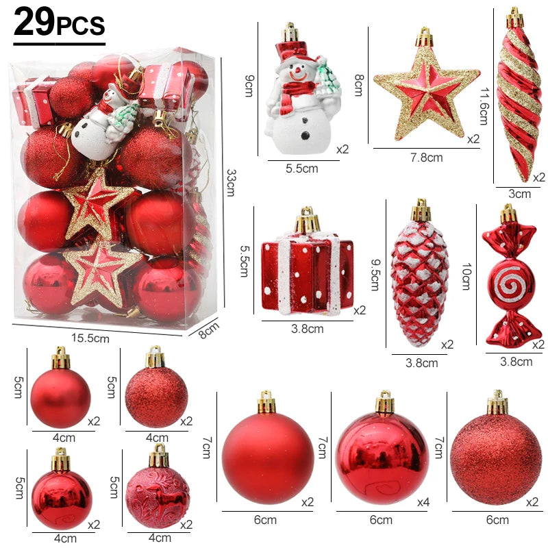 Set of 29 Christmas ornaments including red balls, stars, snowmen, and other decorative items with measurements.