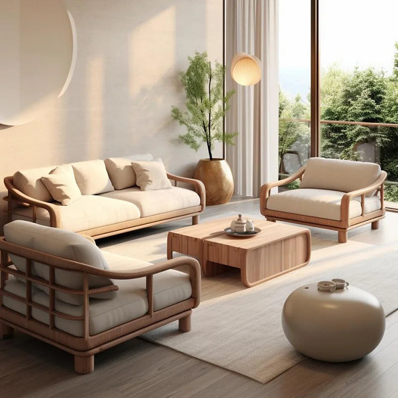 Modern living room wooden furniture and white cushions