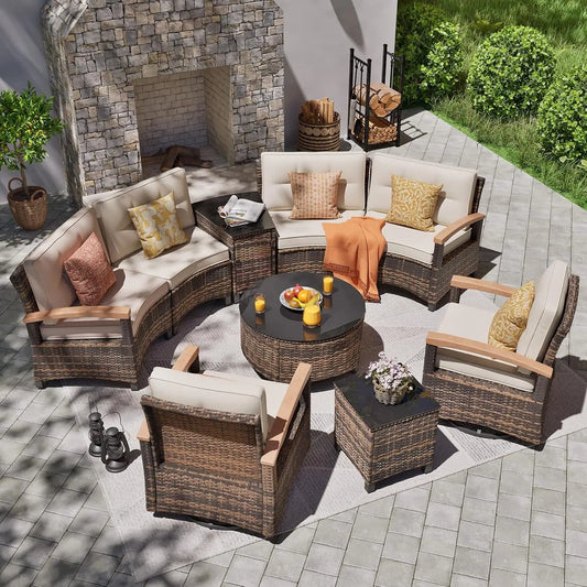 9 PCS Half Moon Rattan Conversation Set