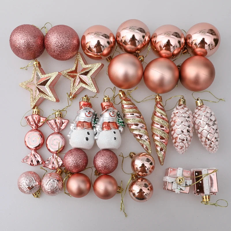 pink and rose gold Christmas ornaments 