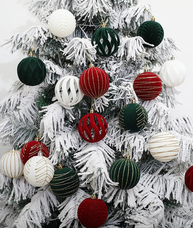 Decorative Christmas tree with red, green, and white ornaments.