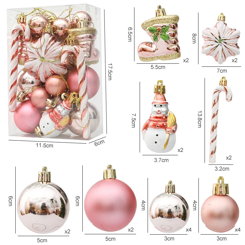 Set of Christmas ornaments including balls, candy canes, and a snowman figure with dimensions displayed.