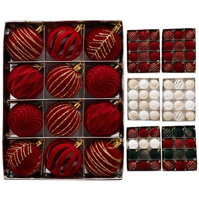 Assorted red and white Christmas ornaments in a box with additional sets displayed.