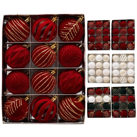Assorted red and white Christmas ornaments in a box with additional sets displayed.