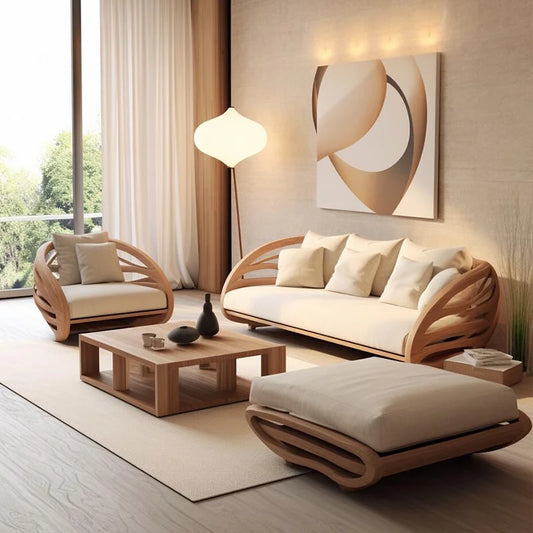 Modern living room wooden furniture and neutral decor.