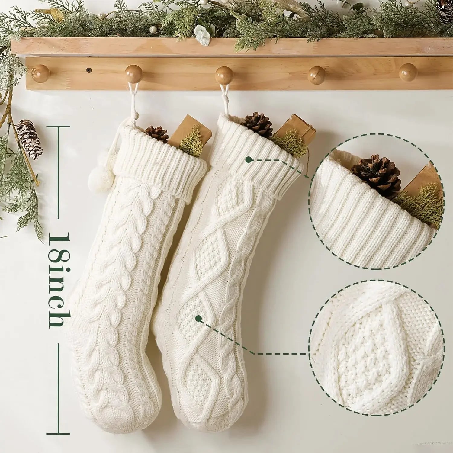 Two white knitted Christmas stockings with decorative elements 