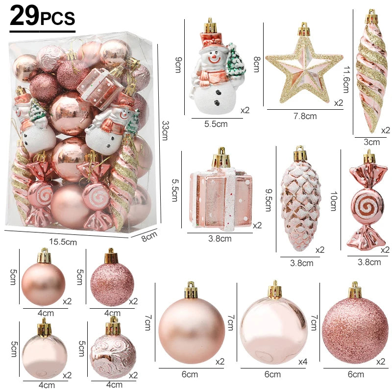 Set of 29 Christmas ornaments in pink and gold,
