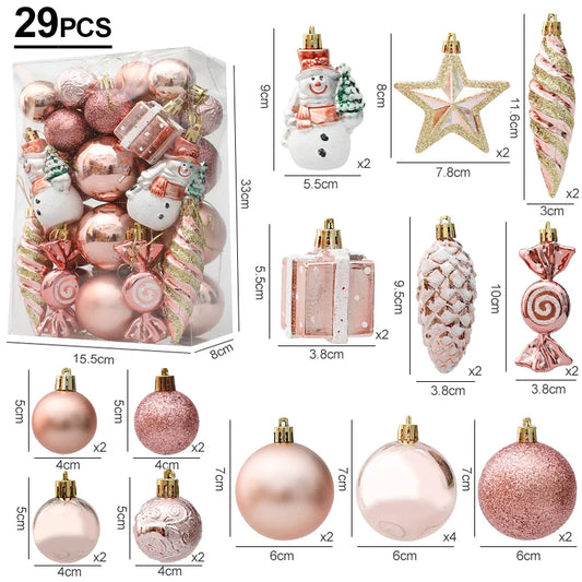 Set of 29 Christmas ornaments in pink and gold,