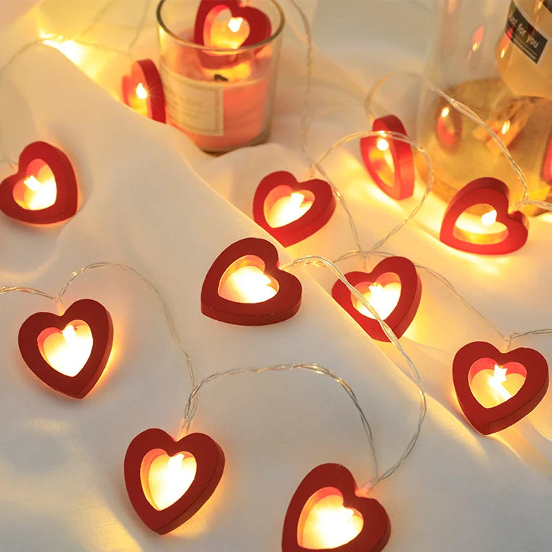 wooden heart string lights