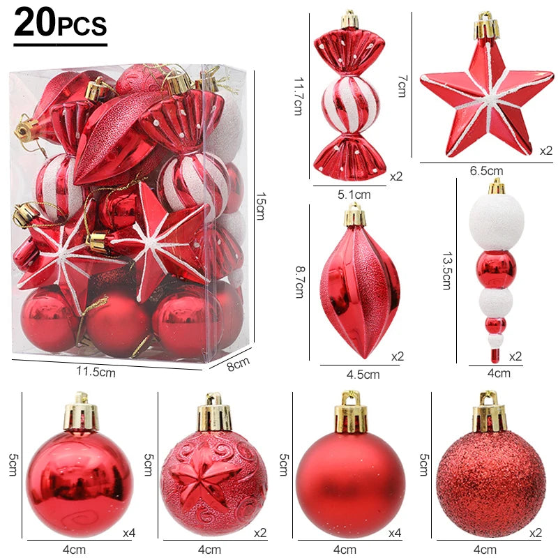 Packaging of red Christmas ornaments with dimensions and quantity details.